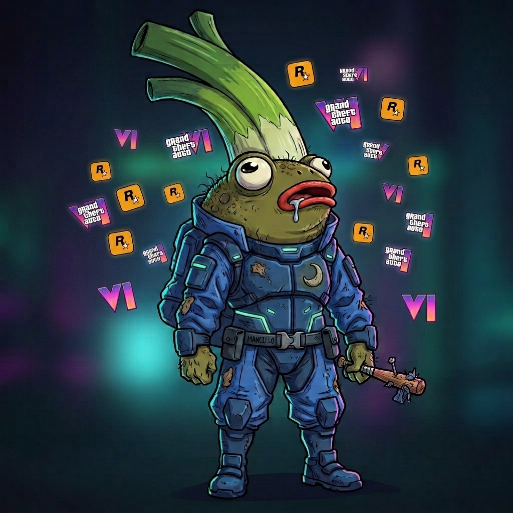 CYBERTACIO mascot: a pistachio-sprout frog hacker in a battered blue spacesuit holding a nailed bat, surrounded by glitching Rockstar and GRAND THEFT AUTO VI logos